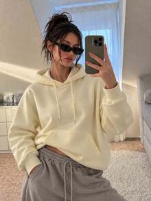 Unisex Thermal Lined Loose Fit All-Match Sweatshirt With Pockets And Drawstring, Long Sleeve Pullover Sweatshirt, Machine Washable, Warm Inner Lining - Apricot - View 3