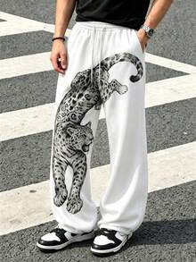 Zrgoth Men's Street Style Wide Leg Long Pants With Jumping Leopard Print Elastic Waist Casual Sweatpants - White - View 1