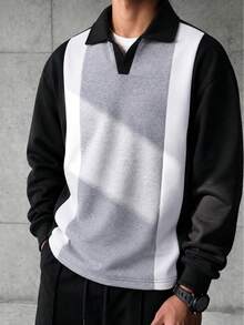 American Retro Men's Patchwork Polo Collar Sweatshirt, Vertical Stripe Colorblock Design, Loose Drop Shoulder, Daily Commute Long Sleeve Top - Black - View 5