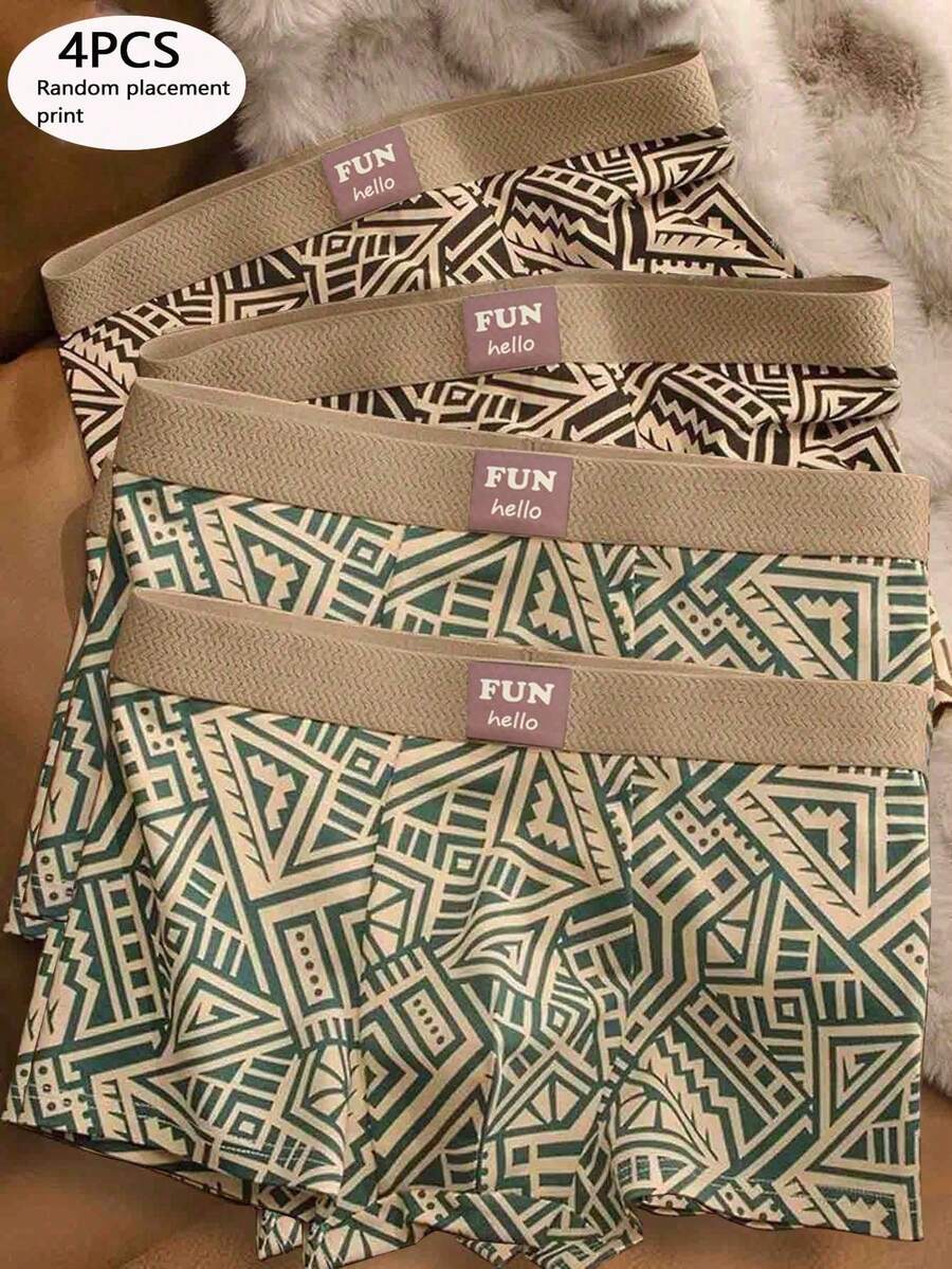 4pcs Men's Boxer Briefs; No Irritation Tag; Retro Geometric Pattern; Soft & Comfortable; Elastic Waistband; Stretchy Fit, Suitable For Daily Wear - Multicolor - View 1