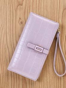 Fashionable Crocodile Embossed Long Wallet PU Mini Wrist Bag With Exquisite Clasp, Folded Wallet Card Holder Coin Purse With Zipper - Mauve Purple - View 1