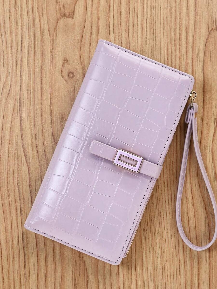 Fashionable Crocodile Embossed Long Wallet PU Mini Wrist Bag With Exquisite Clasp, Folded Wallet Card Holder Coin Purse With Zipper - Mauve Purple - View 1