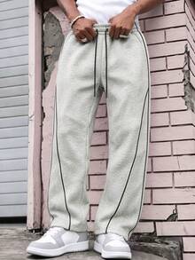 Men's Grey Loose Wide Leg Sweatpants, Drawstring Waist, Contrast Trim, Side Pockets, Open Hem - Light Grey - View 1