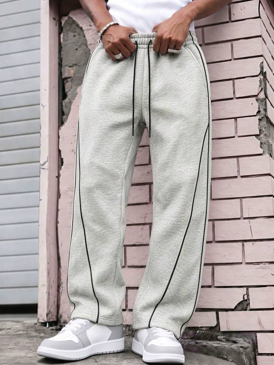 Men's Grey Loose Wide Leg Sweatpants, Drawstring Waist, Contrast Trim, Side Pockets, Open Hem - Light Grey - View 1