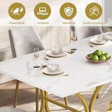 Luxurious Dining Table / Dining Table For 8–10 People / 2.5 Cm Thick Tabletop, Metal Legs / MDF Material, Marble Look / Suitable For Living Room And Dining Room, 200 * 80 Cm, White + Gold - White - View 5