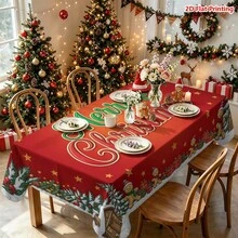 1件紅色背景聖誕主題桌布，裝飾有薑餅人、雪屋、松樹、鈴鐺、星星和「Merry Christmas」藝術文字，適用於廚房餐桌布置、餐廳裝飾、野餐露營、派對場景、農舍風點綴、桌面美化與節日氣氛營造 - 彩色 - 查看 7