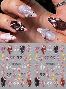 5D Embossed Cute Mouse & Cheese Nail Stickers, Cartoon Animal Self‑Adhesive Nail Decals, Kawaii DIY Manicure Nail Art Decorations - Multicolor - View 2