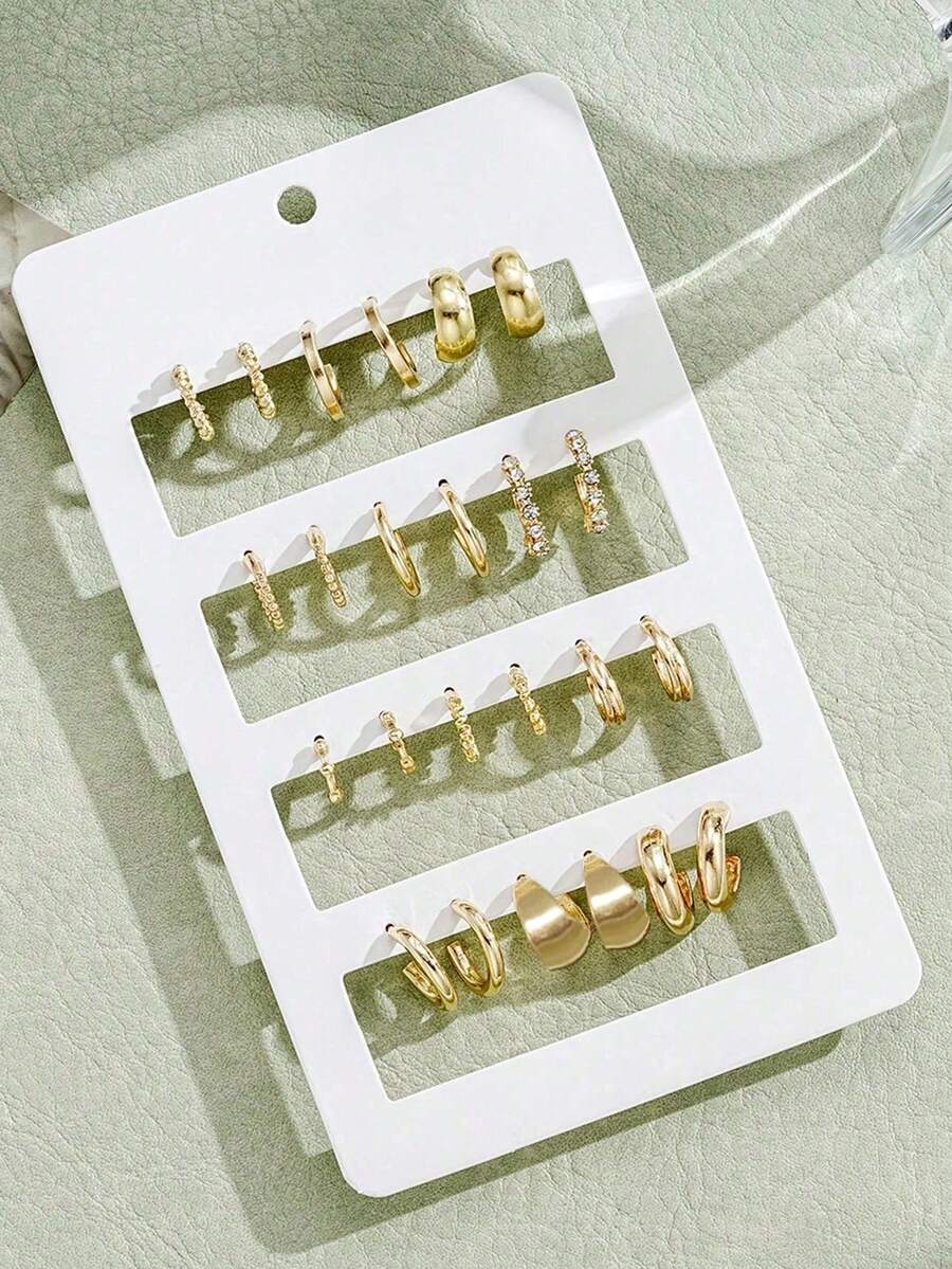 12對金色耳環套組，CZ扭轉粗獷設計混尺寸Huggie耳環，女款極簡疊戴耳環套組，日常辦公軟骨耳飾 - 金色 - 查看 1