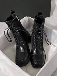 Women's New Autumn/Winter Ankle Boots, Wedge Heel High Heels, Lace-Up British Style Boots - Black - View 7