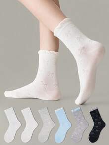 ZUJO 1 Pair/6 Pairs Women's Mid-Calf Socks, Bubble Cuff Bow Pattern, Comfortable, Sweat-Absorbent, Breathable, Classic Versatile For Daily Casual Wear, Suitable For Spring, Summer, Autumn, Random Color - Multicolor - View 1