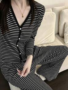 2pcs Women's Pajama Set, V-Neck Cardigan Striped Print Long Sleeve Pants, Easy Care Fabric - Black and White - View 10