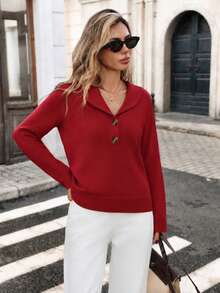 New Arrival Fashion Women's Autumn/Winter Shawl Collar 2-Button Knit Sweater Commuter Long Sleeve Base Layer - Red - View 1