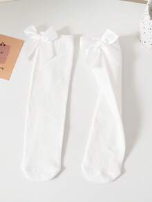 2 Pairs Girls' Bow Knee-High Socks, Elastic Comfortable Breathable Casual Holiday Birthday Party Daily Wear, Suitable For All Seasons - Multicolor - View 9