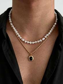 2pcs/Set Luxury Men's Pearl Collarbone Chain Set, Gold Twisted Rope Chain With Black Gemstone Pendant, Premium Layered Necklace Accessory - Gold - View 2