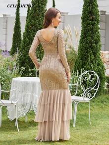 Elegant Champagne Gold Embellished Layered Evening Dress, Suitable For Parties, Gatherings, Holidays, Dates - Champagne Gold - View 6