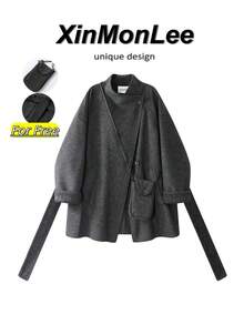 Atmospheric Double-Sided Wool Coat Solid Color Button-Up Jacket College Office Daily Autumn/Winter Vacation Casual Elegant - Dark Grey - View 1