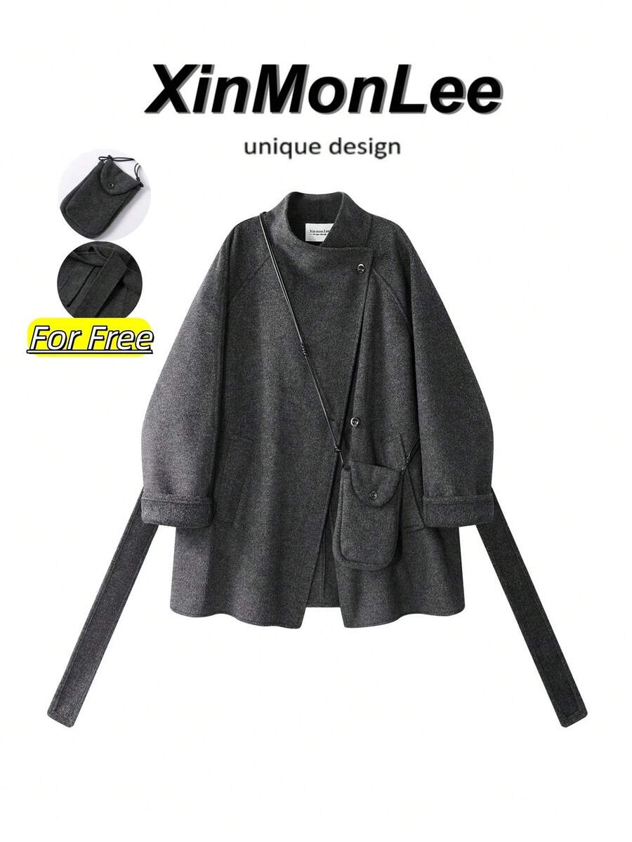 Atmospheric Double-Sided Wool Coat Solid Color Button-Up Jacket College Office Daily Autumn/Winter Vacation Casual Elegant - Dark Grey - View 1