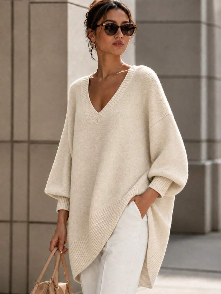 Early Autumn Slouchy V-Neck Long Knit Sweater Women Loose Drop Shoulder Long Sleeve Pullover Top, Soft Skin-Friendly Draping Slimming, Minimalist Versatile For Daily Commute - Khaki - View 1