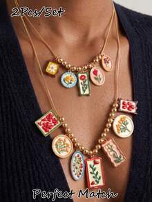 2pcs Vintage Fashion Alloy Printed Multi-Pendant Double Layer Necklace, Casual Style For Women - Multicolor - View 1