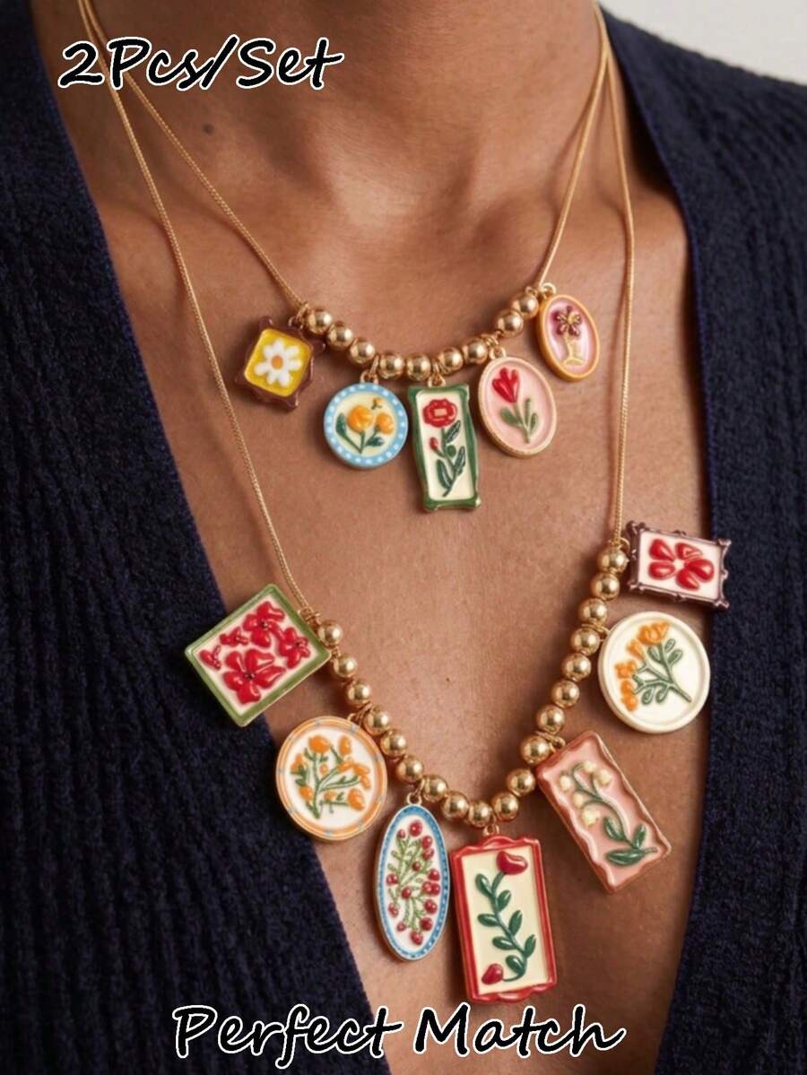 2pcs Vintage Fashion Alloy Printed Multi-Pendant Double Layer Necklace, Casual Style For Women - Multicolor - View 1