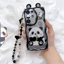 1pc Transparent Bottom 3D Panda Ear Phone Case, Printed With Hugging Bamboo Cartoon Panda Pattern, Soft TPU Material, Wavy Black Edge Full Coverage Phone Case, Comes With Black And White Heart Pearl Beaded Lanyard Accessory, Compatible With Samsung Phones, Fresh Transparent Cute Cartoon Phone Case, Ins Popular Minimalist Cute Style, Pink Blush Panda Pattern Design, Transparent Shell Body Can Retain Original Phone Color - Clear - View 2