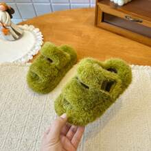 Children's Green Plush Slippers, Open Toe Plush House Slippers With Strap, Toddler Warm Soft Sole Anti-Slip Winter Indoor Shoes - Green - View 7