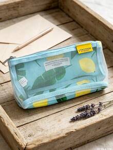 L'Occitane Light Blue Mesh Lemon Print Zipper Cosmetic Bag Transparent Portable Travel Toiletry Pouch Quick Find Skincare Makeup Storage Bag Gift For Women - Baby Blue - View 2