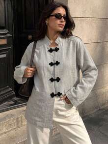 Women's Regular Length Woven Grey Shirt Blouse, Non-Stretch Fabric, Stand Collar Long Sleeve Shirt, Dropped Shoulder Design, Front Button Pocket For Layering - Grey - View 3