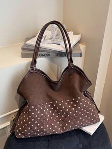 Letter Wave Dot Large Capacity Women's Bag, Fashionable And Versatile Multi-Functional Shoulder Tote Bag, PU Material Daily Commuting Large Bag - Coffee Brown - View 3