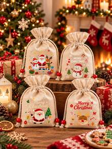 5PCS Christmas Gift Bags, Drawstring Holiday Treat Bags, Santa Snowman Reindeer Bear Print, Candy Gift Packaging, Christmas Party Favor Bags - View 5