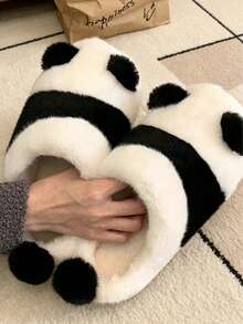 New Cartoon Cute Panda & Dinosaur Thermal Slippers, Warm Plush Indoor Non-Slip Unisex House Slippers, Suitable For Outdoor Wear In Winter - Black and White - View 9