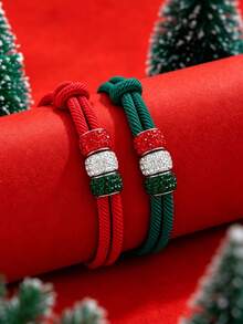 2pcs Christmas Adjustable Knotted Rope Bracelets, Red Green White Rhinestone Beads Wristbands, Holiday Party Decoration Jewelry, Suitable For Men And Women Christmas Gifts - Christmas Woven Bracelet - View 7
