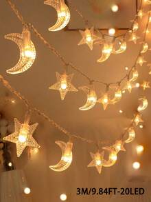 1pc 20/40LED,3/6m Star & Moon Battery Operated String Lights (Batteries Not Included), Fairy Tale Lights For Room Decor, Birthday Party, Wedding, Gift, All Seasons - Stars and Moon - View 12