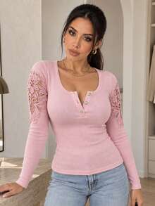 ChicMe Lace Patchwork Long Sleeve Top, Button Half V-Neck Fitted Basic Casual Everyday Wear Pink Elegant Spring - Pink - View 3