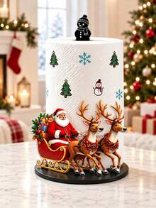 2D Flat Santa Claus Red Sleigh & Colorful Lights Reindeer Print Paper Towel Holder, Acrylic Material Vertical Roll Paper Storage Rack, Kitchen Dining Table Decor Ornament, Easy Installation, Suitable For Christmas Party Home Room Decoration (Paper Towels Not Included) - Multicolor - View 1