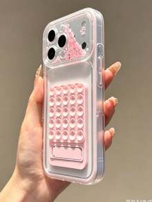 矽膠吸盤折疊支架閃粉流沙軟殼，適用於 iPhone 17 16 15 14 13 Pro Max Plus，吸盤支架可用於自拍與影片拍攝 - 粉色 - 查看 3