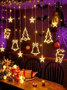 LED Christmas Curtain String Lights, Curtain Lights, Star, Christmas Tree, Bell, Reindeer Shapes, Warm White / Colorful, 8 Flashing Modes, USB Powered, Suitable For Indoor Window, Bedroom, Window, Wall, Bay Window, Fits Home Party, Store Window Holiday Decor, Christmas Party - Christmas Reindeer Bell Curtain Lights - View 3