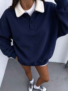 Fashionable Autumn Women's Regular Fit Hoodie, Warm Pullover, Loose Fit, Long Sleeve - Navy Blue - View 2