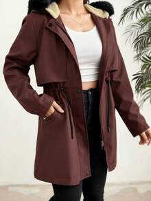 Women's New Drawstring Waist Zipper Placket Casual Winter Hooded Jacket - Burgundy - View 7