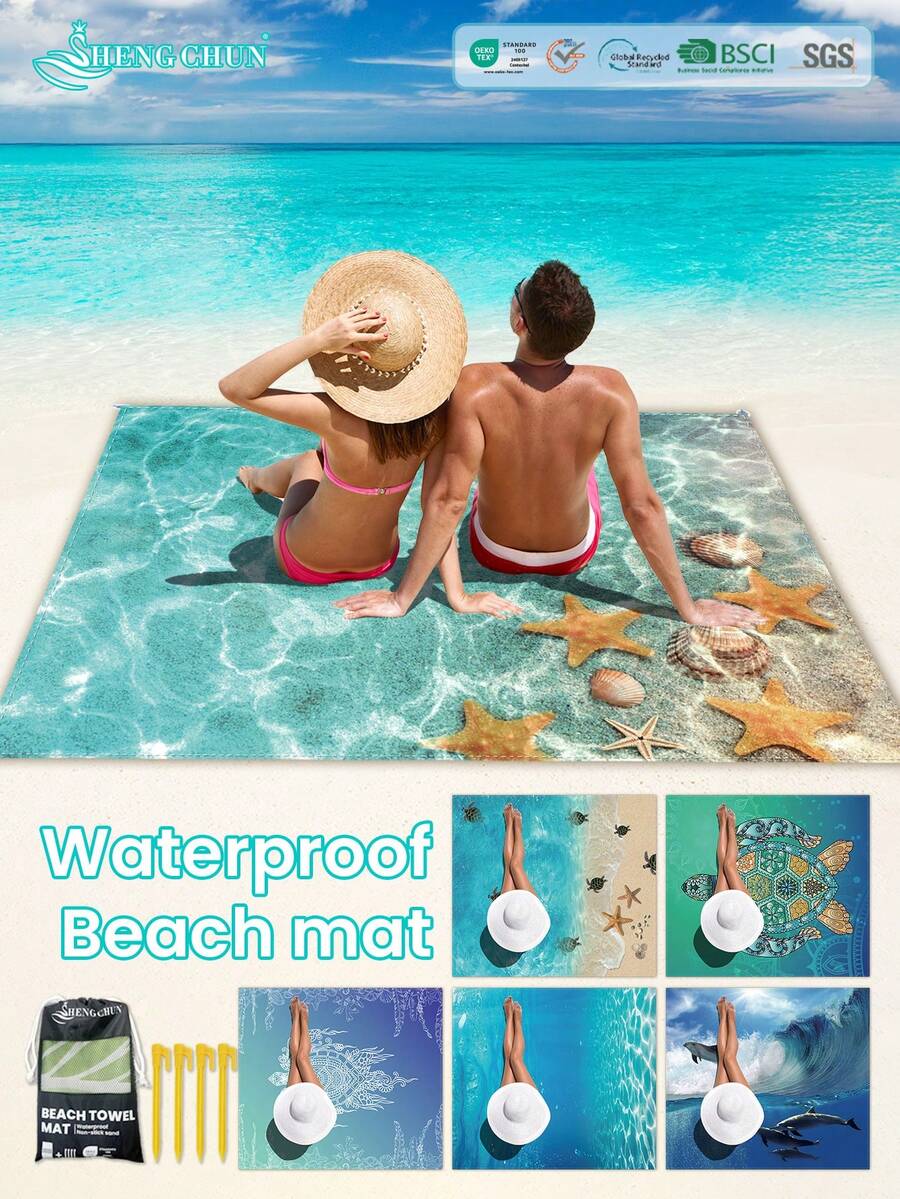 SHENG CHUN 1pc Personalized Ocean Animal Print Beach Blanket, Comes With Drawstring Carry Bag, Multiple Sizes, Suitable For Group Gatherings & Family Vacations, Essential For Beaches, Lawns, Foldable, Moisture-Proof, Waterproof, Non-Stick Sand, Outdoor Camping Mat, Portable Picnic Rug Summer Travel,Vacation Holiday Bathroom Decor Beach Essentials - Multicolor - View 1