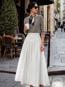 Autumn/Winter New Solid Color High Waist Pleated A-Line Long Skirt, French Elegant Full Skirt - White - View 1