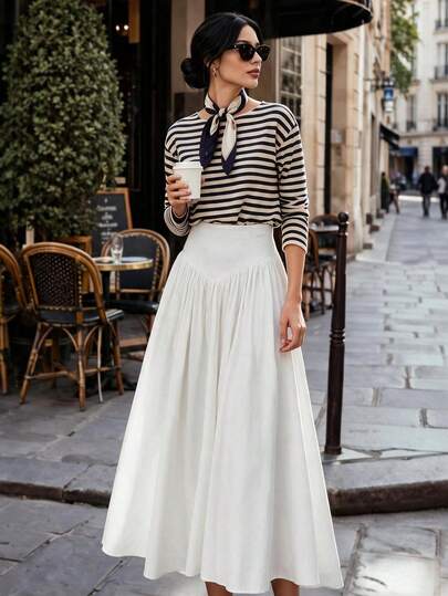 Autumn/Winter New Solid Color High Waist Pleated A-Line Long Skirt, French Elegant Full Skirt