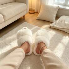Women's Two Band Faux Fur Slide Slippers, Fluffy Open Toe House Slippers, Soft Non-Slip Indoor Bedroom Home Shoes - White - View 3