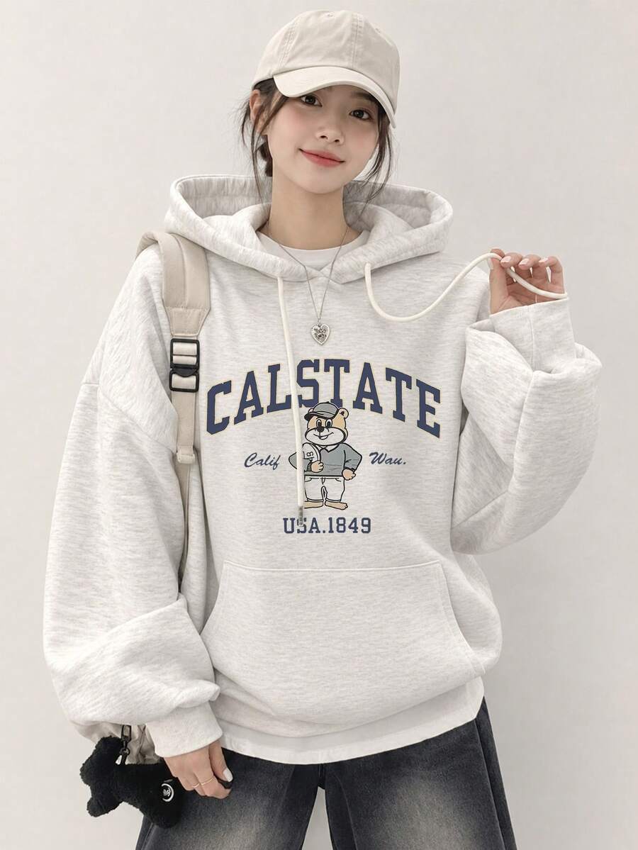 Women's Casual Loose Fit Round Neck Sweatshirt With Cartoon Letter Print, Cozy For Autumn/Winter - Light Grey - View 1