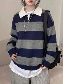 Atasan Pullover Longgar Berkerah Polo Bergaris Blok Warna Gaya Korea Baru Musim Gugur/Dingin - Biru dan abu-abu - View 3