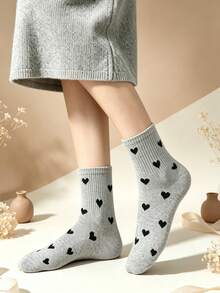 5 Pairs Minimalist Small Heart Jacquard Mid-Calf Socks, Multi-Color All-Match Heart Pattern Socks, Versatile Casual Socks For Girls - Multicolor - View 3