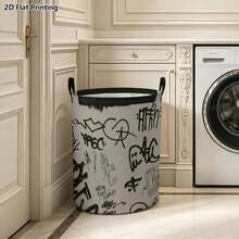 Retro Black Graffiti Label Text Print Cylindrical Laundry Basket, Foldable Storage Basket, Large-Capacity Dirty Clothes And Toy Storage Bin, Suitable For Teen Bedrooms, Dorms, And Bathrooms - Multicolor - View 5