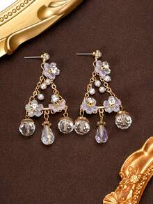 1 par de pendientes vintage de lujo con flores coloridas y perlas falsas, pendientes de botón retro dulces con múltiples elementos y pedrería pesada - vistoso - Ver 4