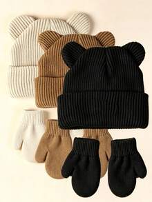 1 Set Unisex Toddler/Baby Knitted Hat + Gloves, Versatile Bear Design Cartoon Hat & Warm Gloves 2 Pieces Set - Set - View 13
