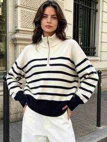 DEEKA Autumn/Winter New Women's European And American Style Fashion Minimalist Versatile Zipper Striped Knit Sweater Pullover - Beige - View 1